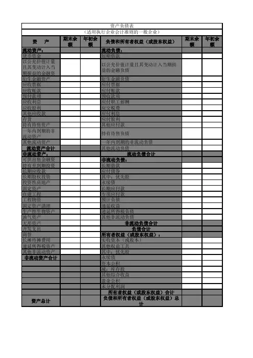 空白资产负债表(适用执行企业会计准则的一般企业)