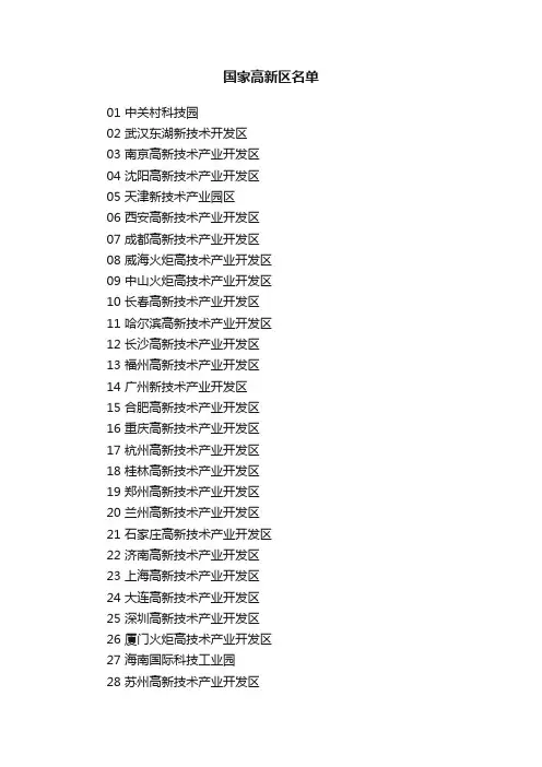 国家高新区名单