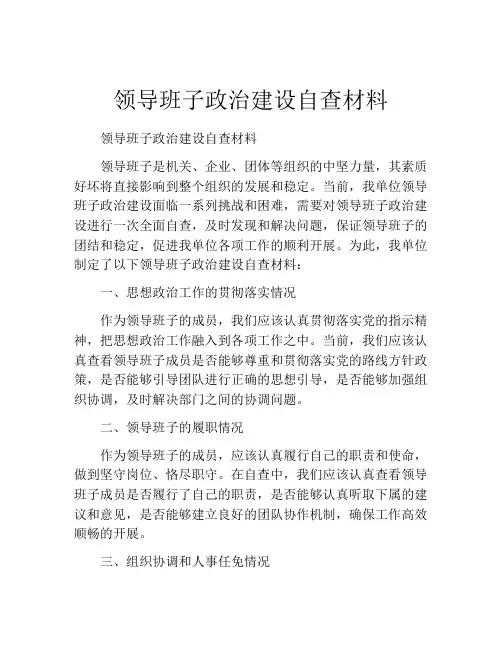 领导班子政治建设自查材料