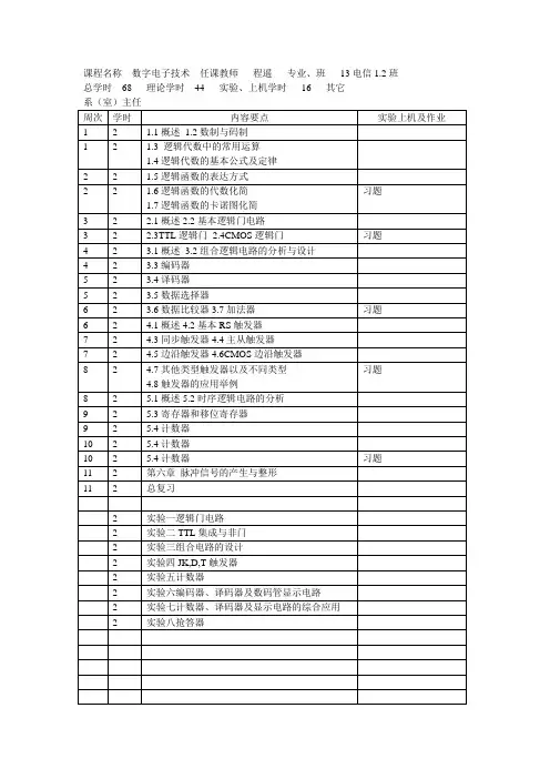 《数字电子技术 》授课计划