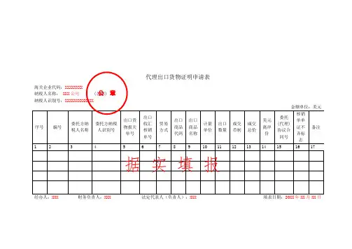 《代理出口货物证明申请表》(填写示例)