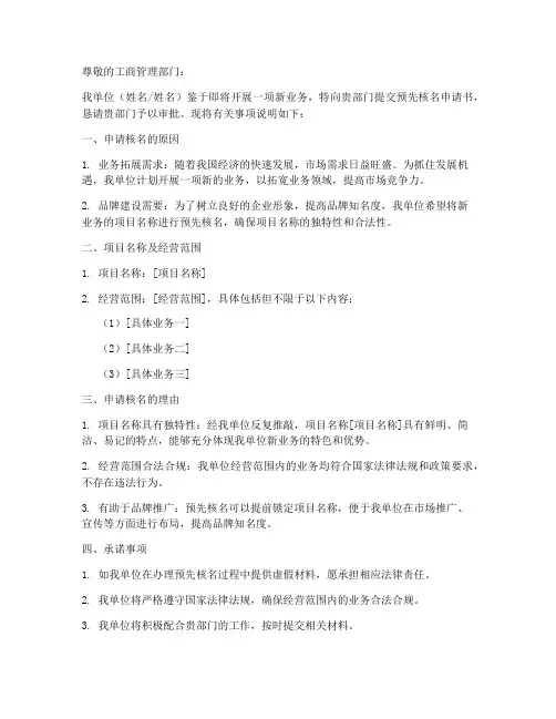 预先核名申请书