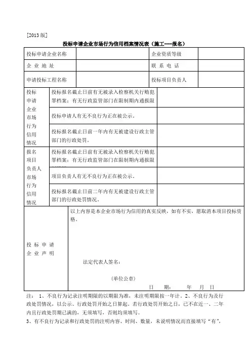 投标申请企业市场行为信用档案情况表