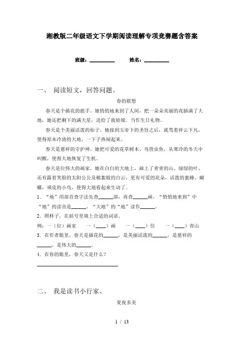湘教版二年级语文下学期阅读理解专项竞赛题含答案