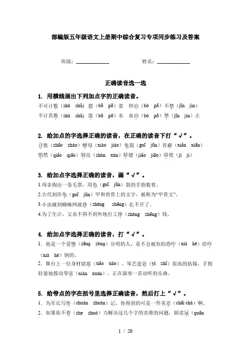 部编版五年级语文上册期中综合复习专项同步练习及答案