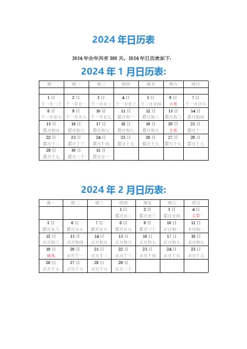 2024年日历表(全年共有366天)