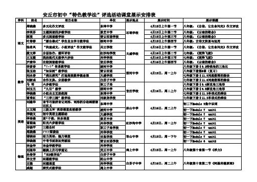 安丘市初中特色教学法课堂展示评选活动安排表