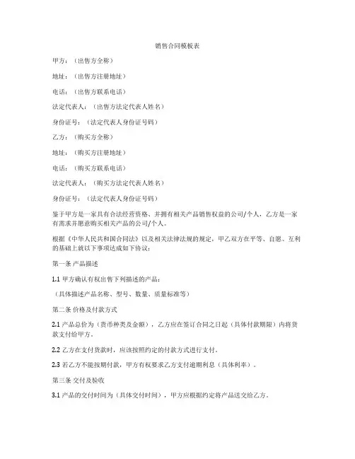 销售合同模板表