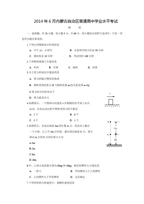 2014年6月内蒙古自治区普通高中学业水平考试物理试卷(有答案)