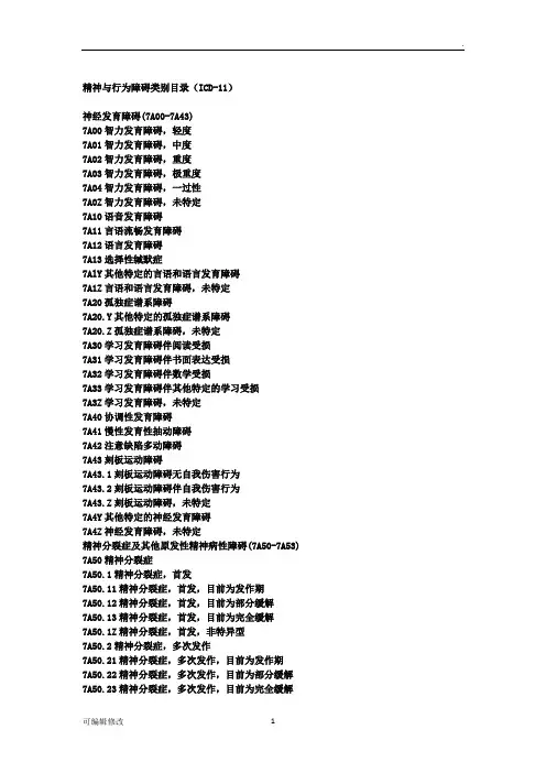 精神与行为障碍类别目录ICD