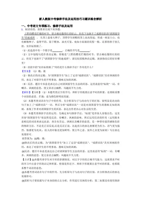 新人教版中考修辞手法及运用技巧习题训练含解析