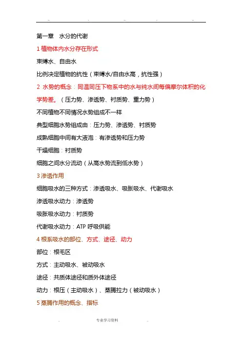 植物生理学考试提纲