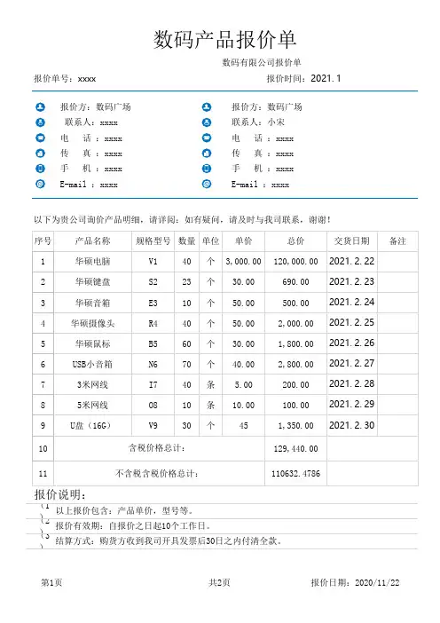 数码产品报价单excel表格模板