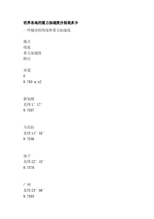 世界各地的重力加速度分别是多少[资料]