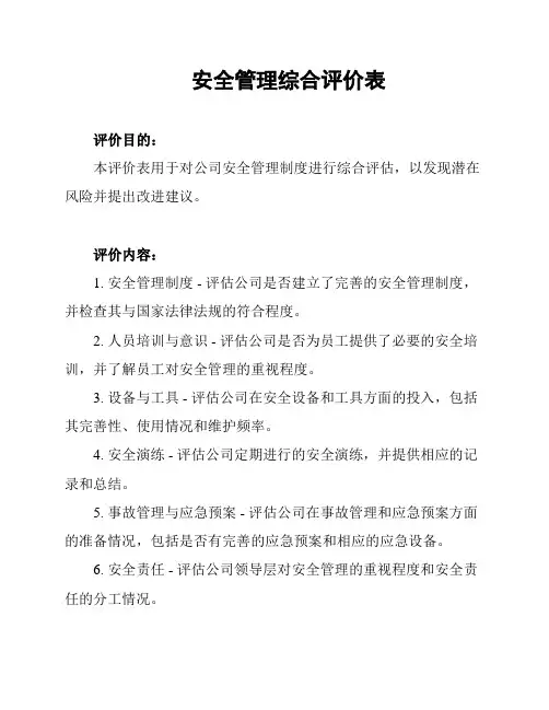 安全管理综合评价表