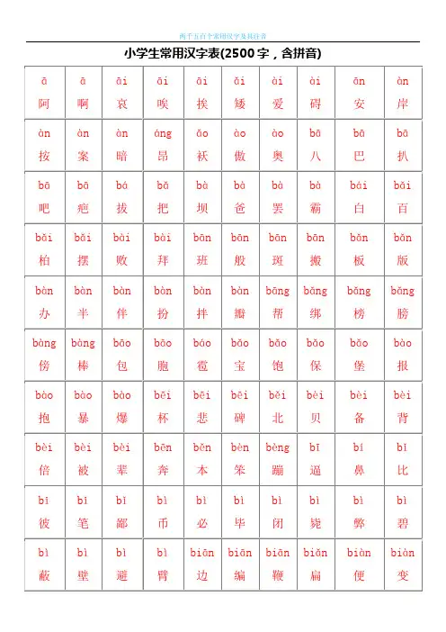 最好的小学生常用汉字表(2500字,含拼音)