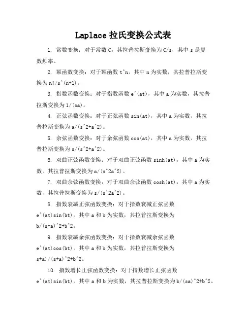 Laplace拉氏变换公式表