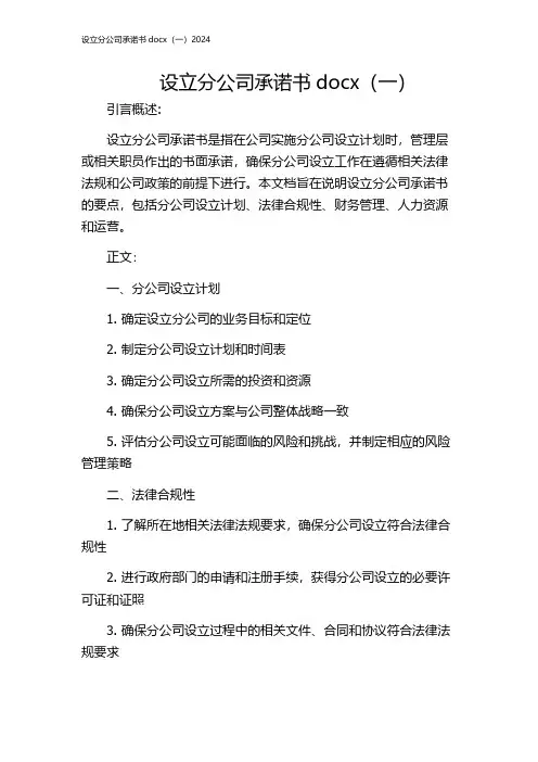 设立分公司承诺书docx(一)2024