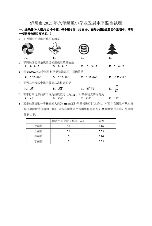 泸州市2015年八年级数学测试题