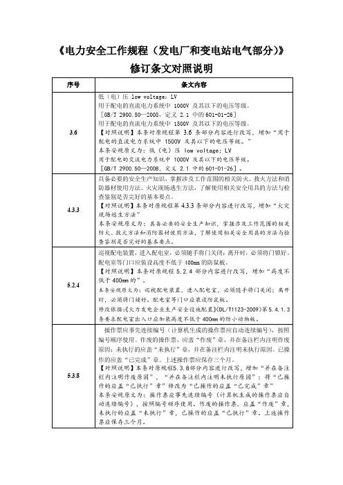 《电力安全工作规程》(发电厂和变电站电气部分)条文修改对照说明