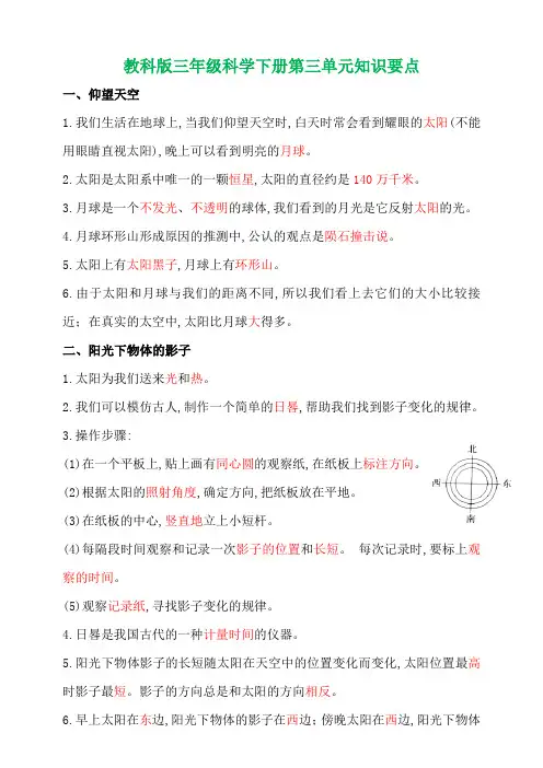 新教科版三年级科学下册第三单元《太阳、地球和月球》知识清单