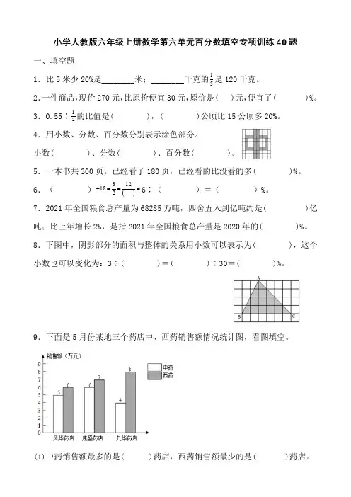 小学人教版六年级上册数学第六单元百分数填空专项训练40题