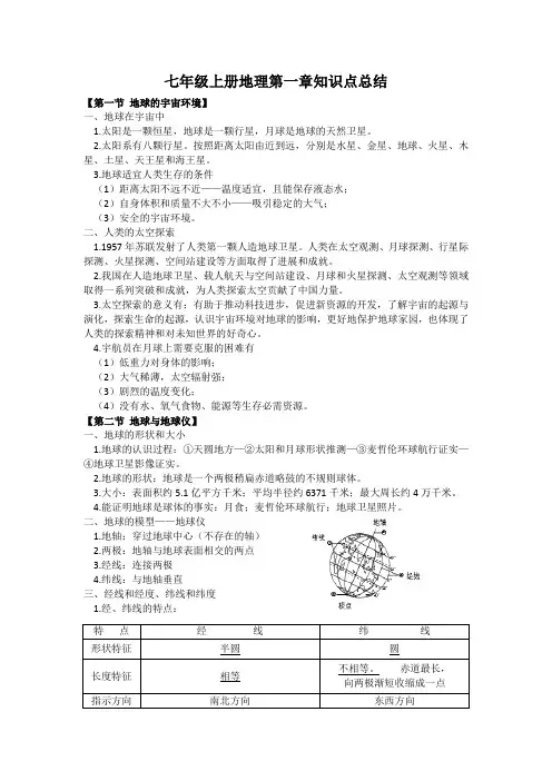 第一章地球知识点总结 -2024-2025学年人教版七年级上册地理
