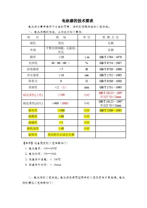 电泳漆技术标准