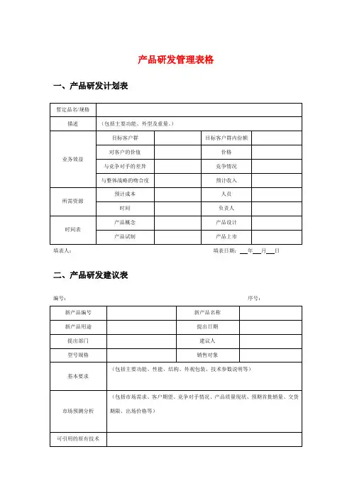产品研发管理表格