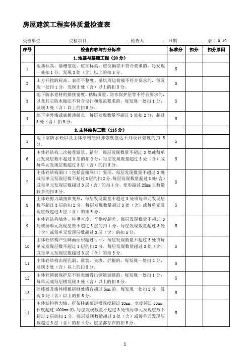房屋建筑工程实体质量检查表