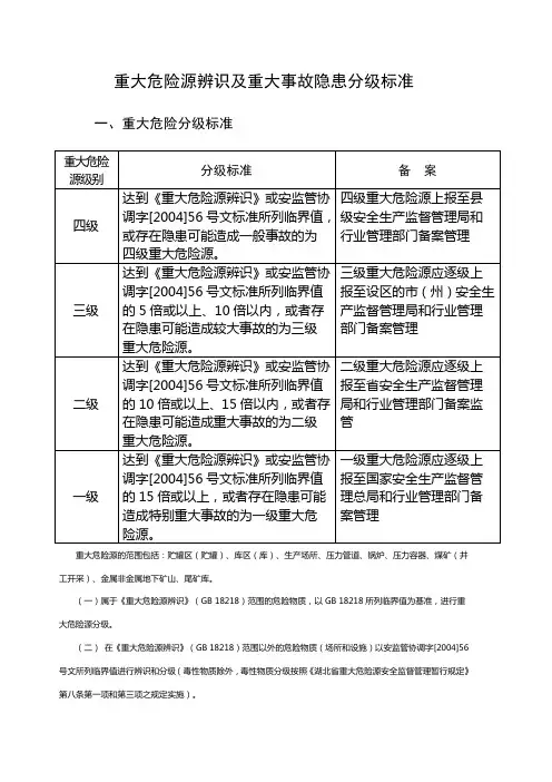 重大危险源辨识及重大事故隐患分级标准
