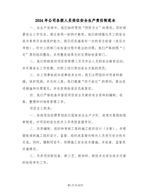 2024年公司各级人员岗位安全生产责任制范本（五篇）