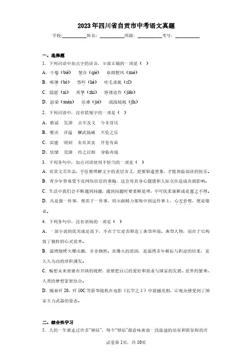 2023年四川省自贡市中考语文真题(含答案解析)