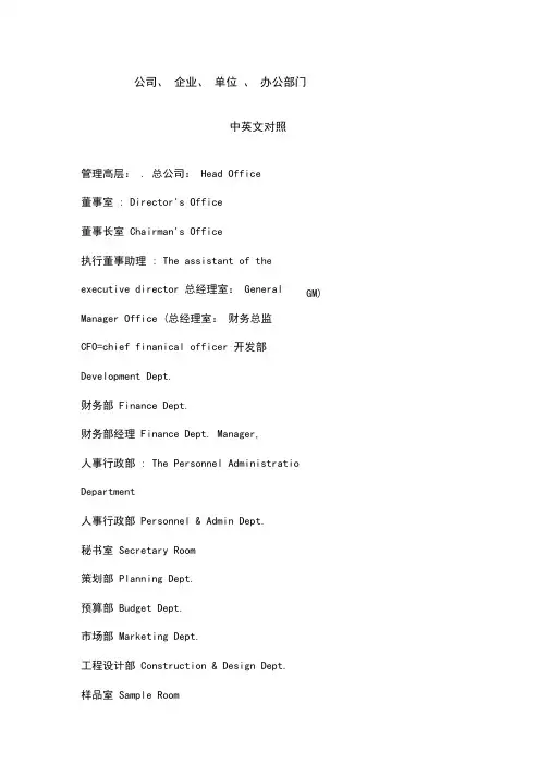 部门办公室名称中英文翻译