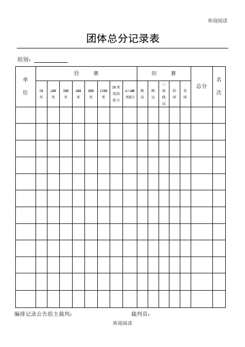 田径运动会各种用表格模板、检录表格模板、统计表格模板