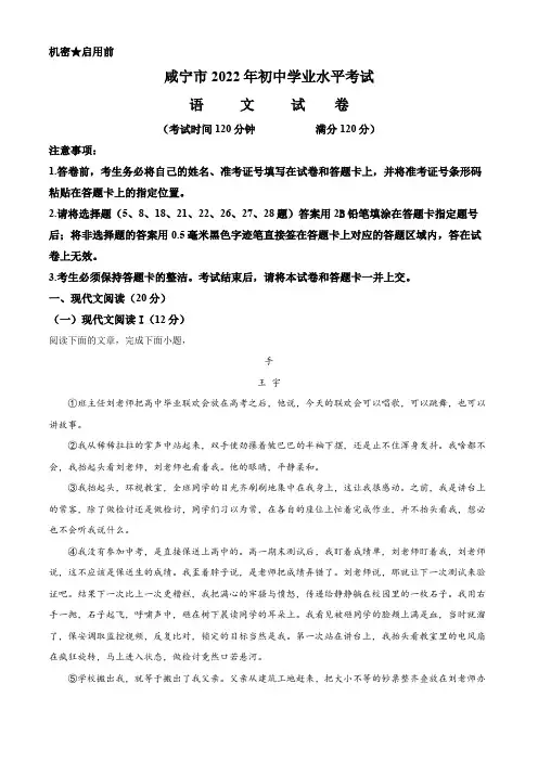 精品解析：2022年湖北省咸宁市、孝感市中考语文真题(原卷版)