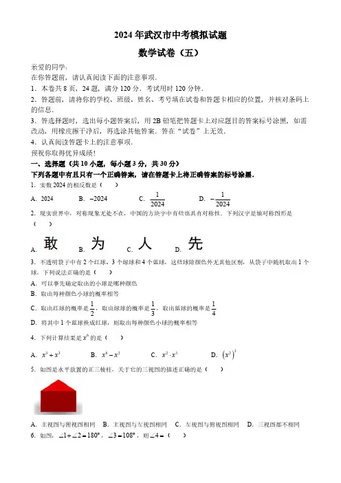 2024年湖北省武汉市部分学校中考模拟数学试题(五)(含答案)