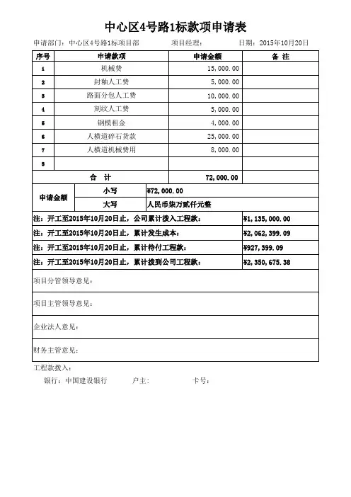 工程项目款项申请单(样本)
