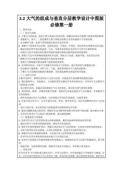 2.2大气的组成与垂直分层教学设计中图版必修第一册