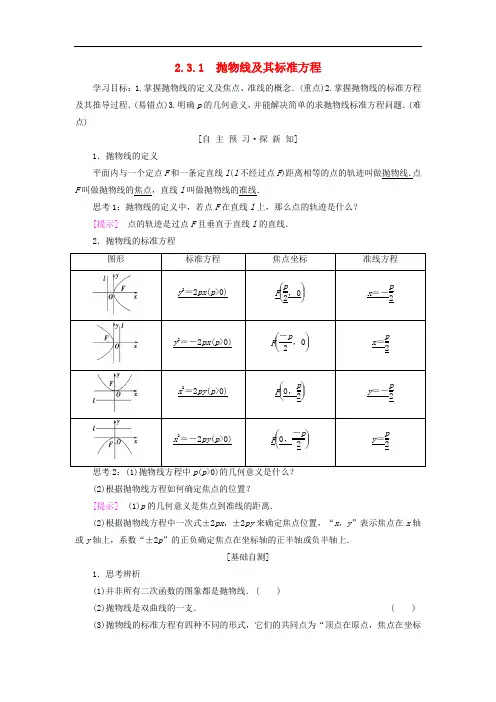 高中数学 第二章 圆锥曲线与方程 2.3 抛物线 2.3.1 抛物线及其标准方程学案 新人教A版选修11