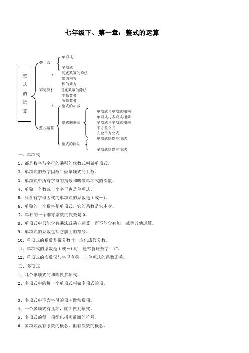 、七年级数学-第一章：整式的运算知识点
