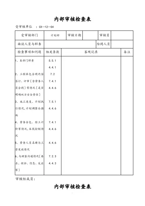 内部审核检查表(内容)