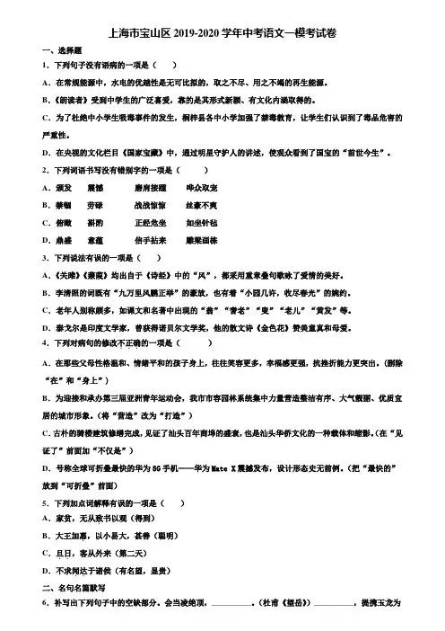 上海市宝山区2019-2020学年中考语文一模考试卷含解析