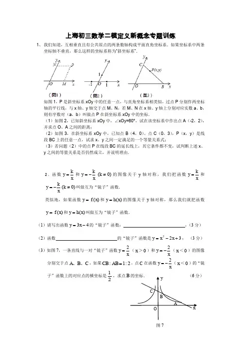 上海初三数学二模定义新概念型问题专题训练