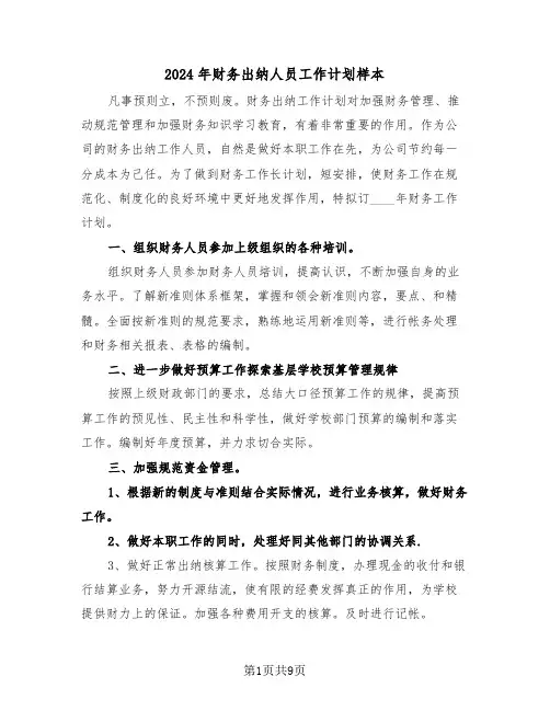 2024年财务出纳人员工作计划样本（四篇）