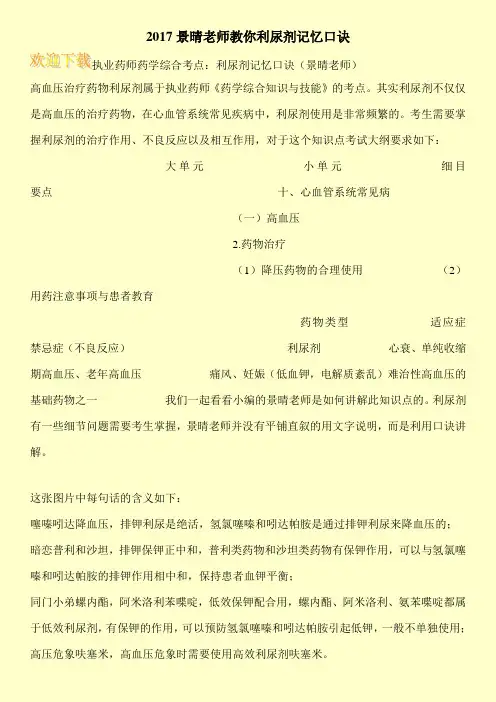 2017景晴老师教你利尿剂记忆口诀