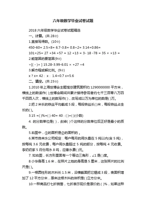 2018六年级数学毕业试卷试题精选