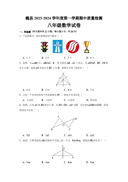 河北省邯郸市魏县2023-2024学年八年级上学期期中教学质量检测数学试卷(含解析)