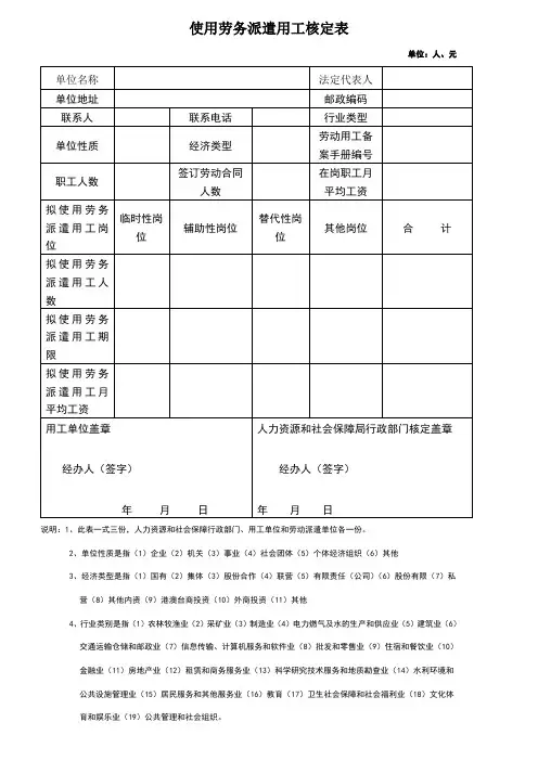 使用劳务派遣用工核定表