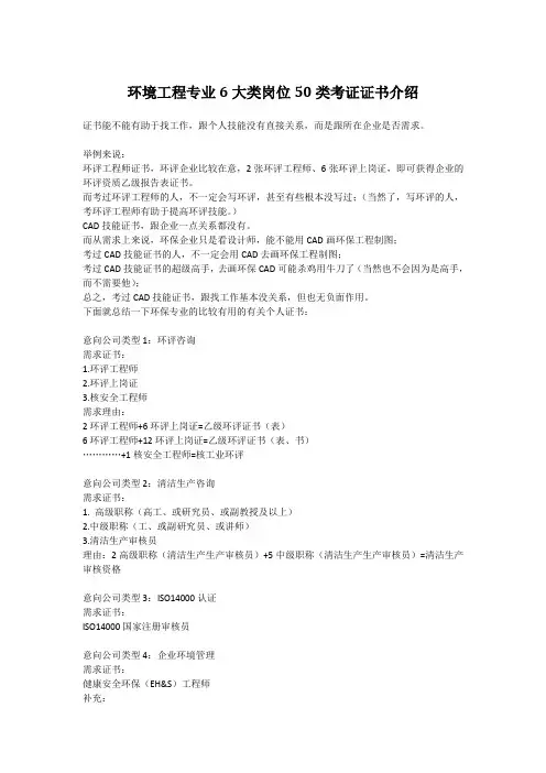 环境工程专业6大类岗位50类考证证书介绍